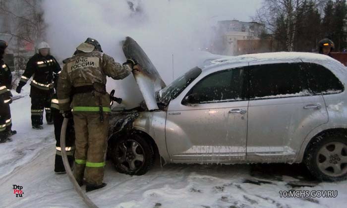Костомукша, 13 ноября 2015 года, 16-05. Пожар в автомобиле Кпайслер (Chrysler Cruiser) произошел на улице Ленина, у дома № 12.